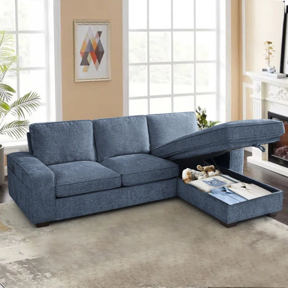 Modern blue chenille sofa with reversible cushions, under-seat storage, built-in USB port, and included ottoman and accent pillows.