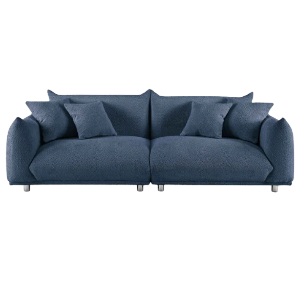 Modern blue upholstered sofa with deep seating and chrome-finished legs, featuring 4 matching accent pillows for a clean, contemporary living room look.
