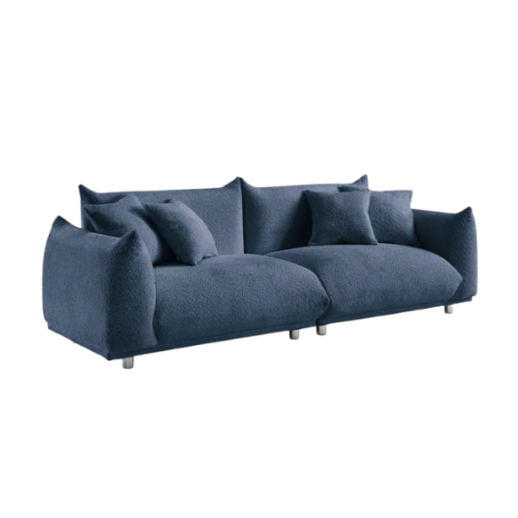 Modern blue upholstered sofa with deep seating and chrome-finished legs, featuring 4 matching accent pillows for a clean, contemporary living room look.