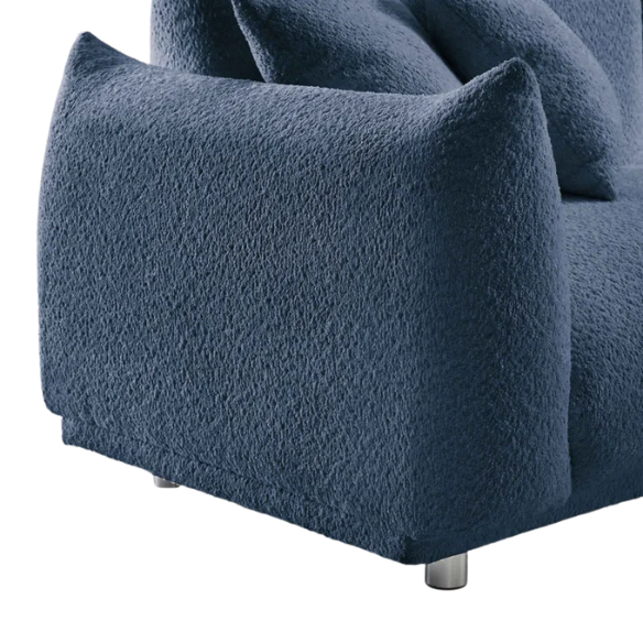 Modern blue upholstered sofa with deep seating and chrome-finished legs, featuring 4 matching accent pillows for a clean, contemporary living room look.