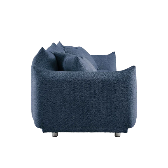 Modern blue upholstered sofa with deep seating and chrome-finished legs, featuring 4 matching accent pillows for a clean, contemporary living room look.