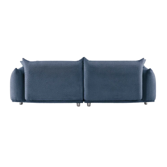 Modern blue upholstered sofa with deep seating and chrome-finished legs, featuring 4 matching accent pillows for a clean, contemporary living room look.
