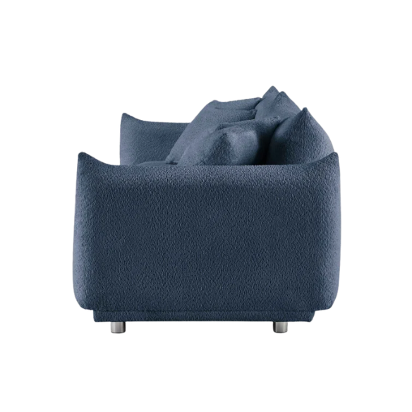 Modern blue upholstered sofa with deep seating and chrome-finished legs, featuring 4 matching accent pillows for a clean, contemporary living room look.