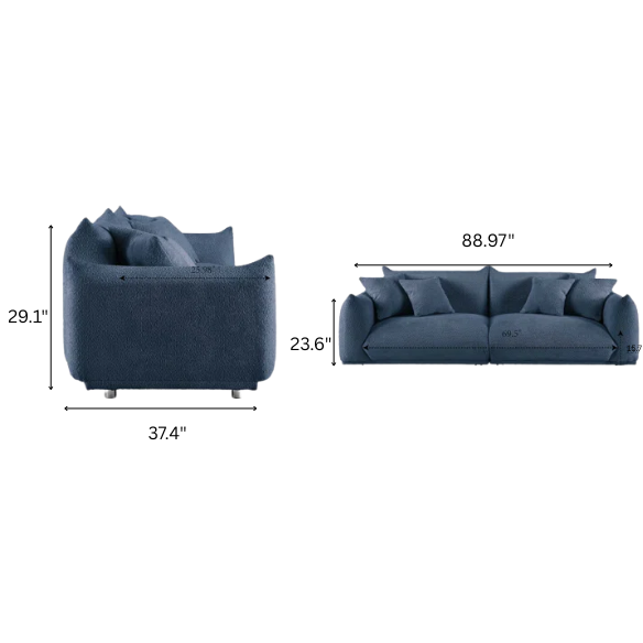 Modern blue upholstered sofa with deep seating and chrome-finished legs, featuring 4 matching accent pillows for a clean, contemporary living room look.