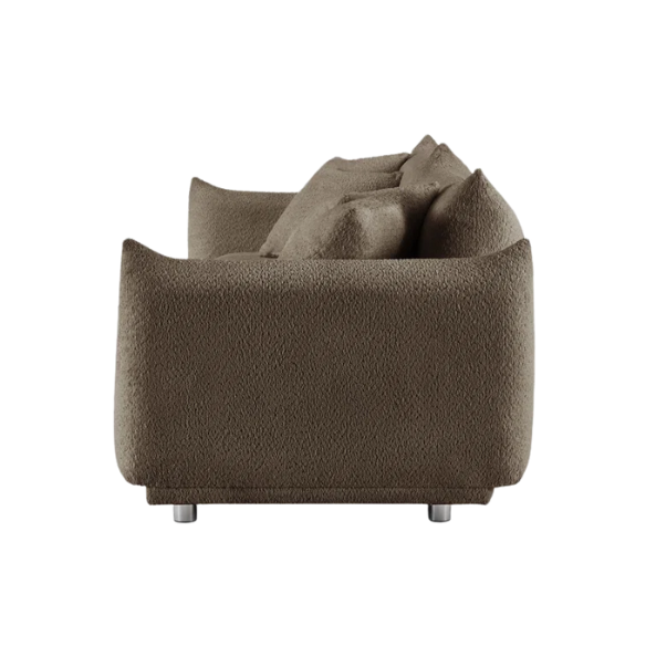 Modern camel upholstered sofa with deep seating and chrome-finished legs, featuring 4 matching accent pillows, ideal for stylish living rooms.