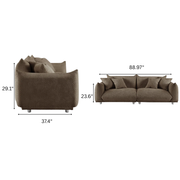 Modern camel upholstered sofa with deep seating and chrome-finished legs, featuring 4 matching accent pillows, ideal for stylish living rooms.