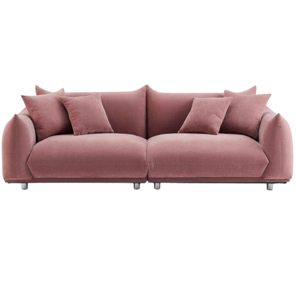 Modern dusty rose upholstered sofa with deep seating and chrome-finished legs, featuring four matching accent pillows—ideal for soft, stylish living spaces.