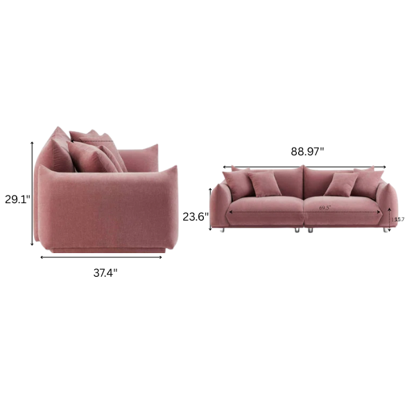 Modern dusty rose upholstered sofa with deep seating and chrome-finished legs, featuring four matching accent pillows—ideal for soft, stylish living spaces.