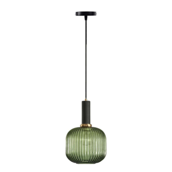 Modern green glass pendant light with black finishes, ideal for kitchen island, dining room, and living spaces. Stylish ceiling fixture with adjustable cord, energy-efficient LED compatible, and UL listed.