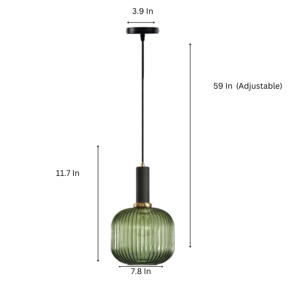 Modern green glass pendant light with black finishes, ideal for kitchen island, dining room, and living spaces. Stylish ceiling fixture with adjustable cord, energy-efficient LED compatible, and UL listed.