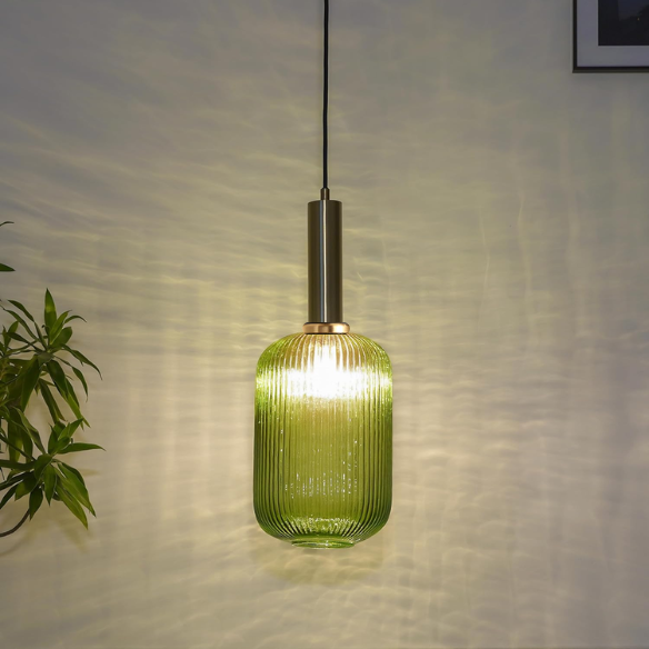Modern green glass pendant light with frosted smoke green shade and brass finish for contemporary decor.