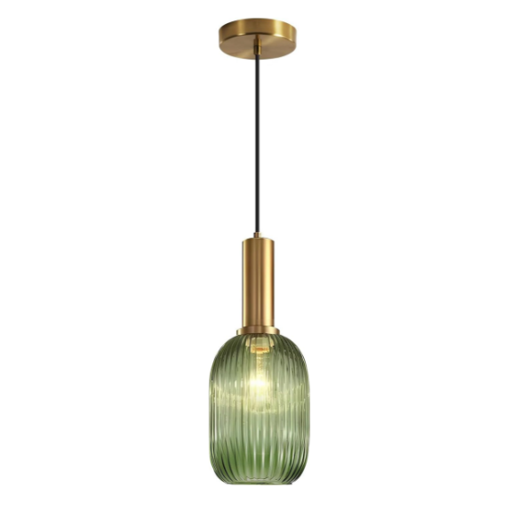 Modern green glass pendant light with gold finish, perfect for contemporary interiors.