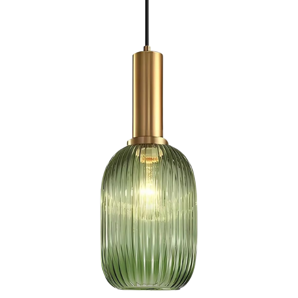 Modern green glass pendant light with gold finish, perfect for contemporary interiors.