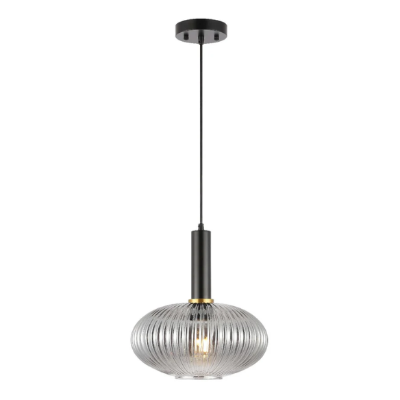 Modern grey glass pendant light with black and gold finishes – adjustable height chandelier for dining room, kitchen, and living room.