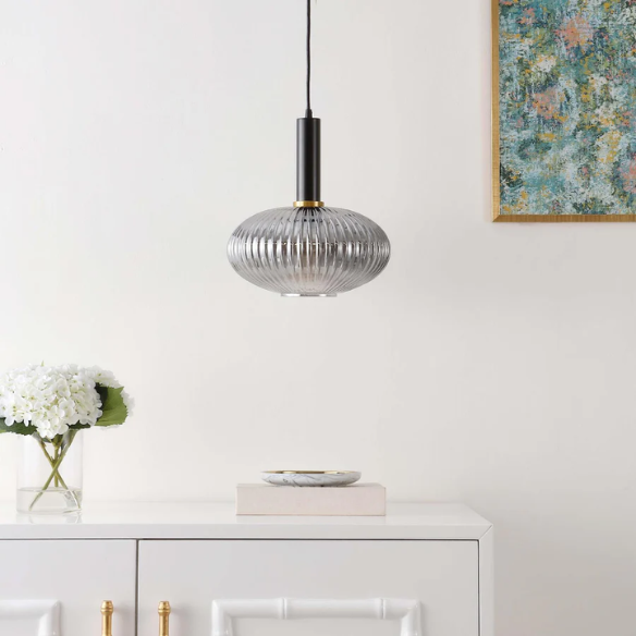 Modern grey glass pendant light with black and gold finishes – adjustable height chandelier for dining room, kitchen, and living room.