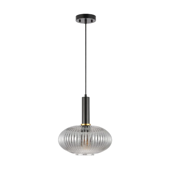 Modern grey glass pendant light with black and gold finishes – adjustable height chandelier for dining room, kitchen, and living room.