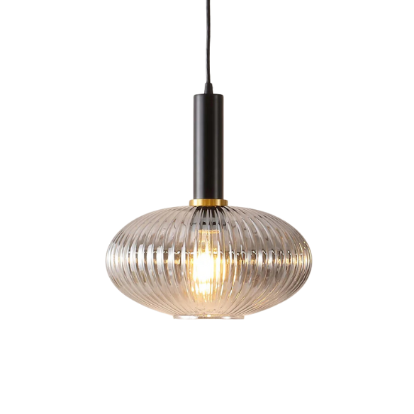 Modern grey glass pendant light with black and gold finishes – adjustable height chandelier for dining room, kitchen, and living room.