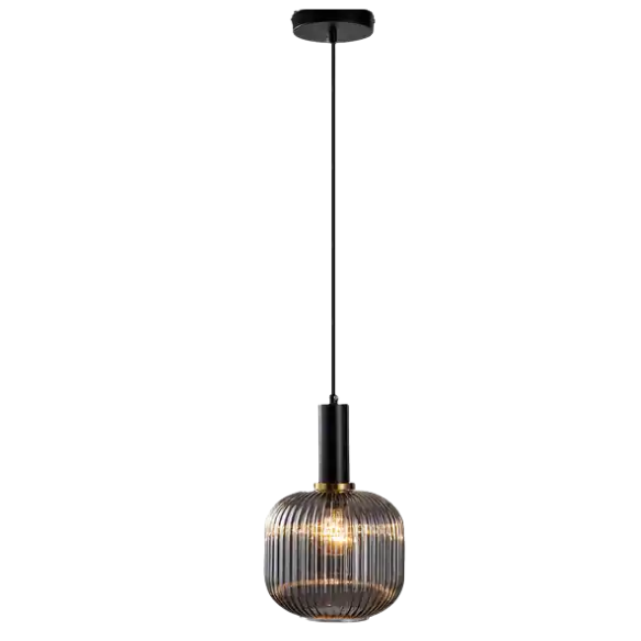 Modern grey glass pendant light with black metal finish, adjustable cord, perfect for kitchen, dining room, and living room décor.