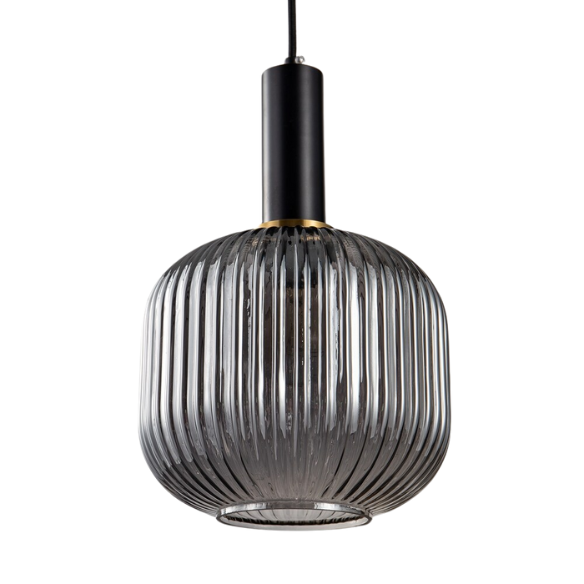 Modern grey glass pendant light with black metal finish, adjustable cord, perfect for kitchen, dining room, and living room décor.