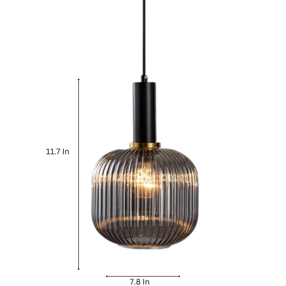 Modern grey glass pendant light with black metal finish, adjustable cord, perfect for kitchen, dining room, and living room décor.