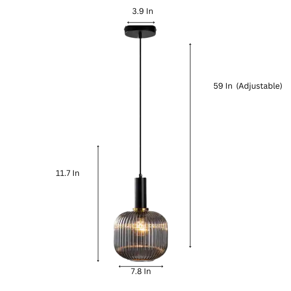 Modern grey glass pendant light with black metal finish, adjustable cord, perfect for kitchen, dining room, and living room décor.