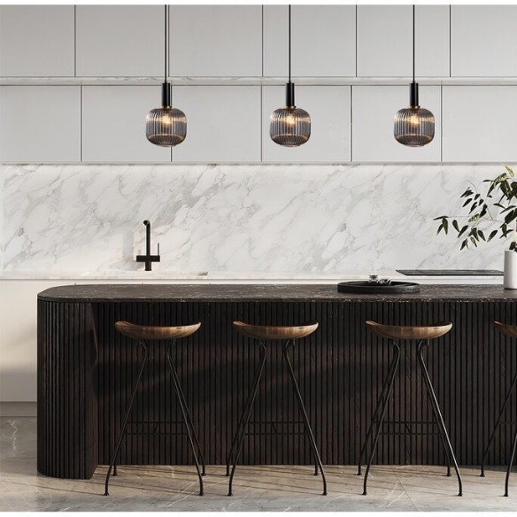 Modern grey glass pendant light with black metal finish, adjustable cord, perfect for kitchen, dining room, and living room décor.