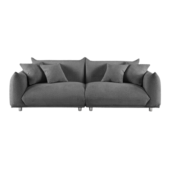 Modern 88.9-inch grey upholstered sofa with deep seat, rounded arms, chrome legs, and four matching accent pillows – ideal for contemporary living rooms or apartments.
