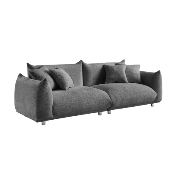 Modern 88.9-inch grey upholstered sofa with deep seat, rounded arms, chrome legs, and four matching accent pillows – ideal for contemporary living rooms or apartments.