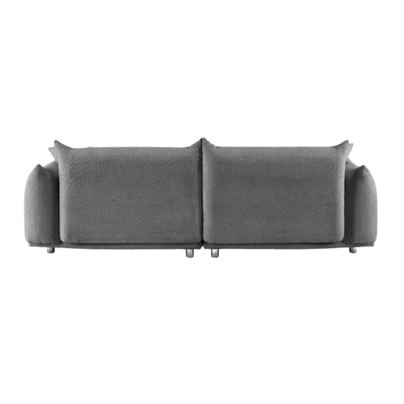 Modern 88.9-inch grey upholstered sofa with deep seat, rounded arms, chrome legs, and four matching accent pillows – ideal for contemporary living rooms or apartments.