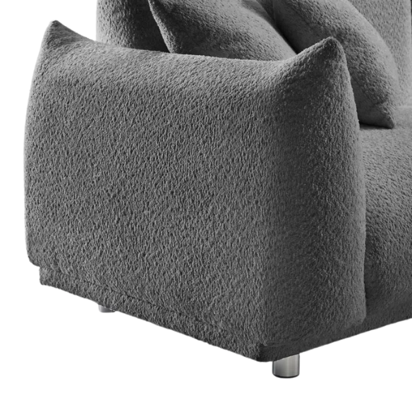 Modern 88.9-inch grey upholstered sofa with deep seat, rounded arms, chrome legs, and four matching accent pillows – ideal for contemporary living rooms or apartments.