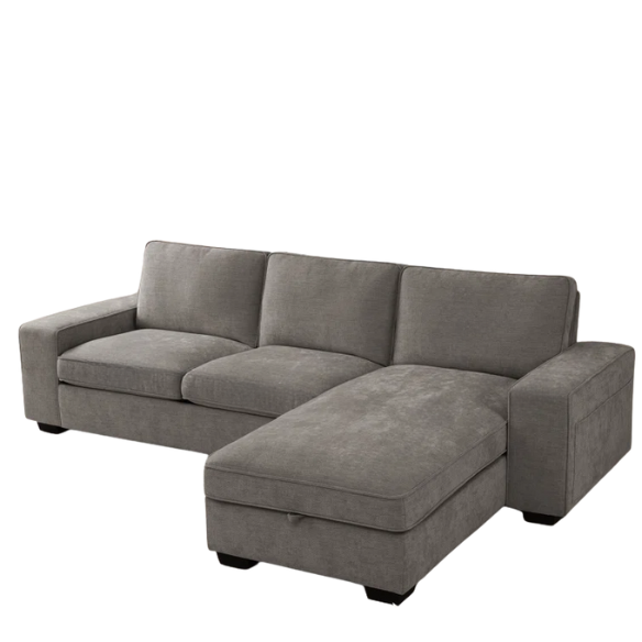 Modern light grey chenille upholstered sofa with reversible cushions, under-seat storage, built-in USB charging port, and matching ottoman and accent pillows.