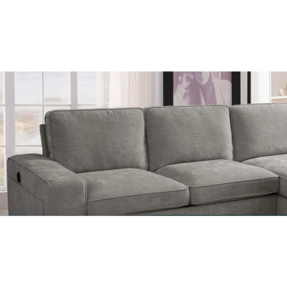 Modern light grey chenille upholstered sofa with reversible cushions, under-seat storage, built-in USB charging port, and matching ottoman and accent pillows.