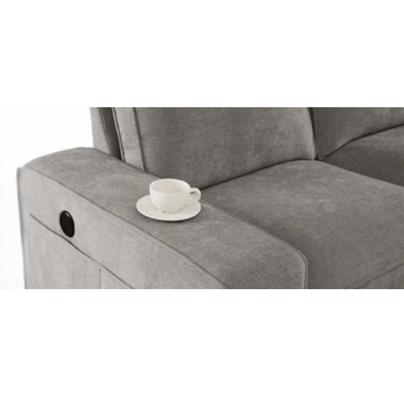 Modern light grey chenille upholstered sofa with reversible cushions, under-seat storage, built-in USB charging port, and matching ottoman and accent pillows.