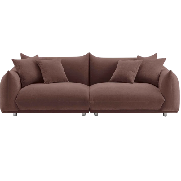 Modern muted brown upholstered sofa with deep seating and chrome-finished legs, featuring four matching accent pillows—ideal for warm, modern interiors.