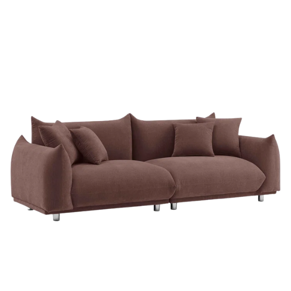 Modern muted brown upholstered sofa with deep seating and chrome-finished legs, featuring four matching accent pillows—ideal for warm, modern interiors.