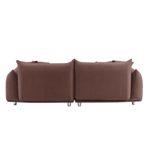 Modern muted brown upholstered sofa with deep seating and chrome-finished legs, featuring four matching accent pillows—ideal for warm, modern interiors.