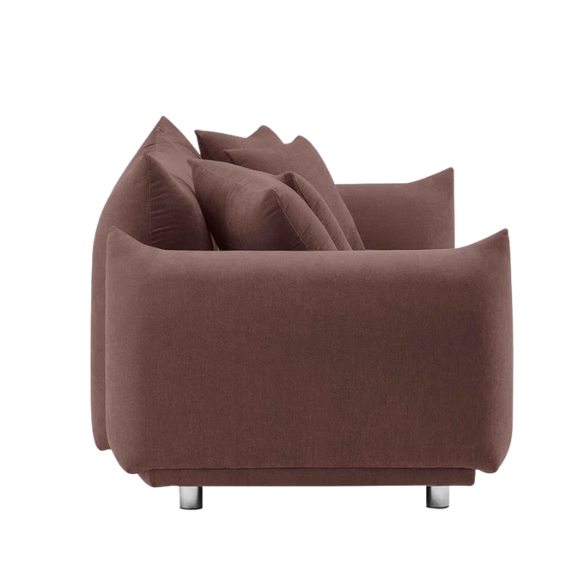 Modern muted brown upholstered sofa with deep seating and chrome-finished legs, featuring four matching accent pillows—ideal for warm, modern interiors.