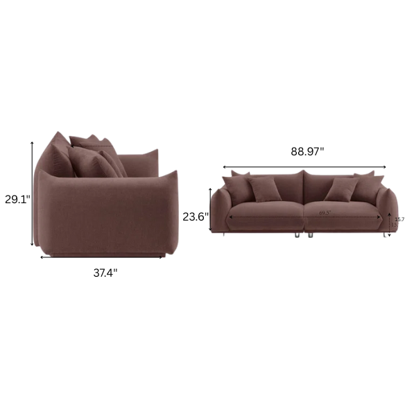 Modern muted brown upholstered sofa with deep seating and chrome-finished legs, featuring four matching accent pillows—ideal for warm, modern interiors.