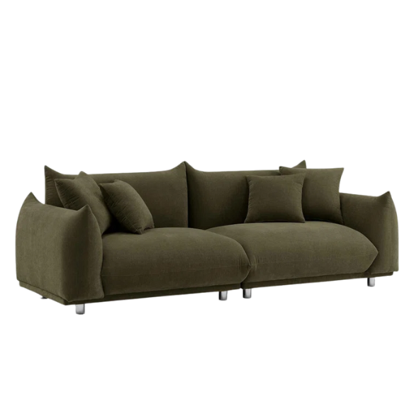 Modern olive drab upholstered sofa with deep seating and chrome-finished legs, featuring 4 matching accent pillows—perfect for modern and rustic interiors.