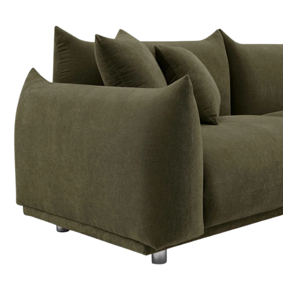Modern olive drab upholstered sofa with deep seating and chrome-finished legs, featuring 4 matching accent pillows—perfect for modern and rustic interiors.
