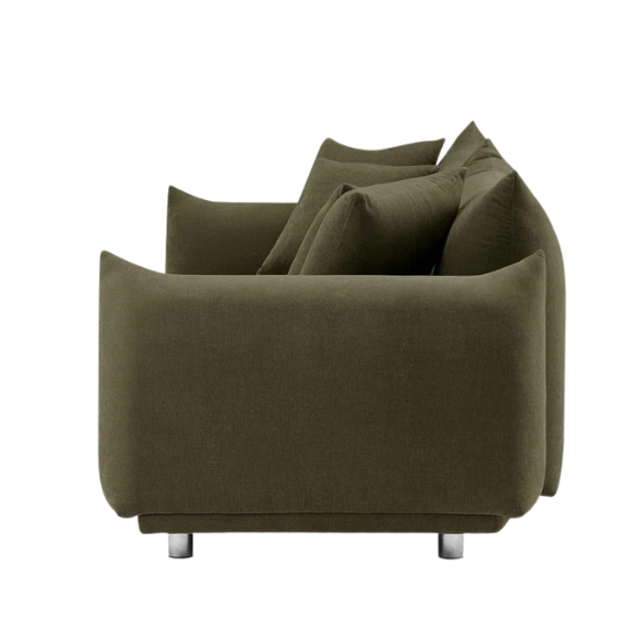 Modern olive drab upholstered sofa with deep seating and chrome-finished legs, featuring 4 matching accent pillows—perfect for modern and rustic interiors.