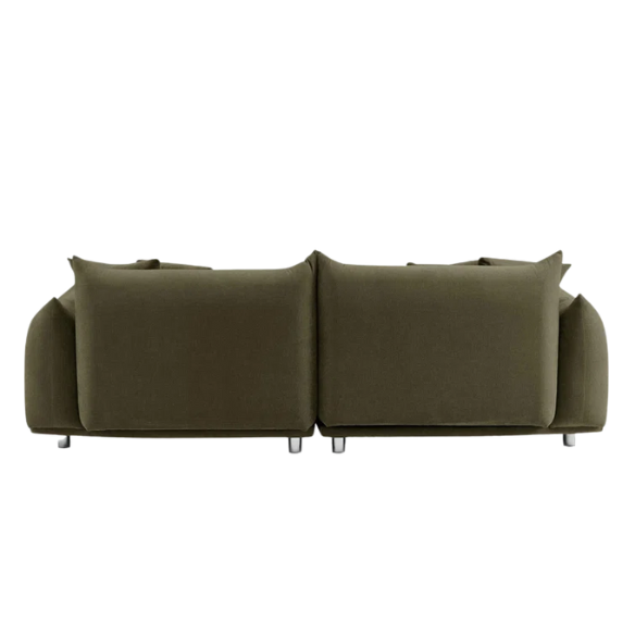 Modern olive drab upholstered sofa with deep seating and chrome-finished legs, featuring 4 matching accent pillows—perfect for modern and rustic interiors.