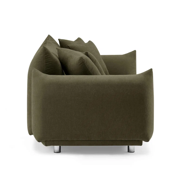 Modern olive drab upholstered sofa with deep seating and chrome-finished legs, featuring 4 matching accent pillows—perfect for modern and rustic interiors.