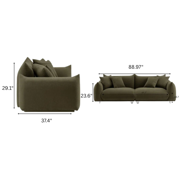 Modern olive drab upholstered sofa with deep seating and chrome-finished legs, featuring 4 matching accent pillows—perfect for modern and rustic interiors.