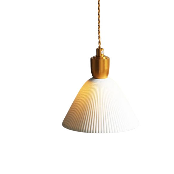 Modern pleated ceramic chandelier with brass accents, adjustable pendant light for home and restaurant decor