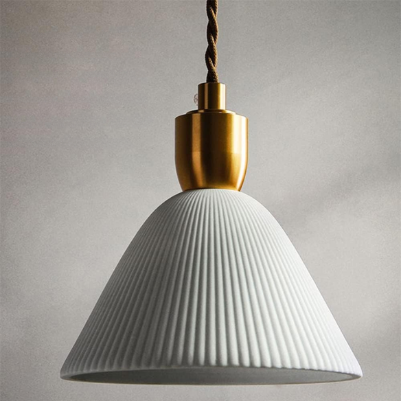Modern pleated ceramic chandelier with brass accents, adjustable pendant light for home and restaurant decor