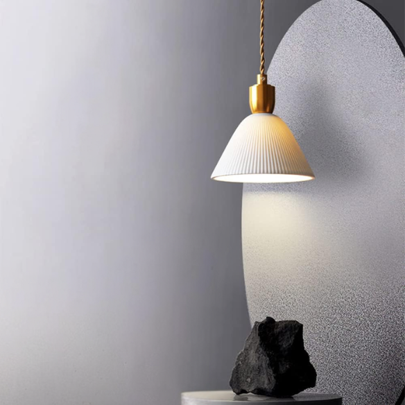 Modern pleated ceramic chandelier with brass accents, adjustable pendant light for home and restaurant decor