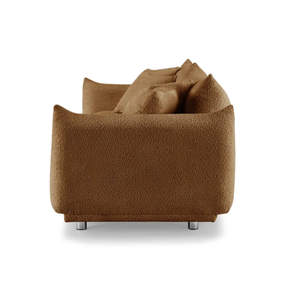 Modern rust brown upholstered sofa with deep seating and chrome-finished legs, featuring 4 matching accent pillows for a warm, stylish living room.