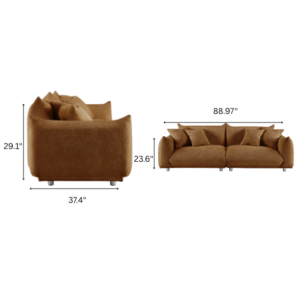 Modern rust brown upholstered sofa with deep seating and chrome-finished legs, featuring 4 matching accent pillows for a warm, stylish living room.