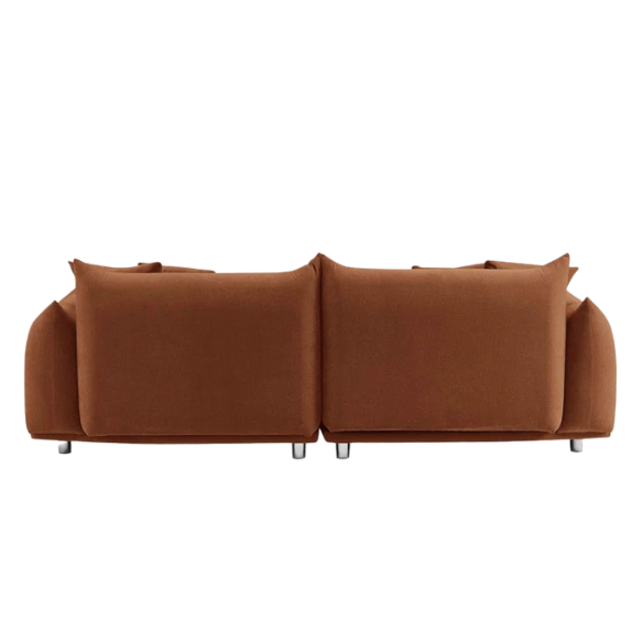 Modern rust upholstered sofa with deep seating and chrome-finished legs, featuring 4 matching accent pillows, perfect for contemporary living rooms.